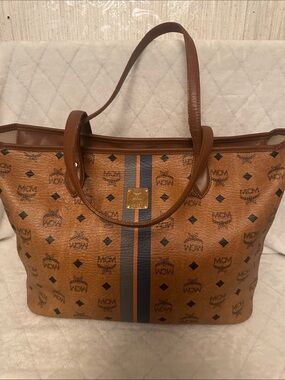 MCM Cognac Visetos Monogram Tote with Blue Stripe